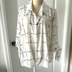 Alfani White Blouse with Black Grid Pattern Sheer Tie Sleeves SZ 1X NWOT